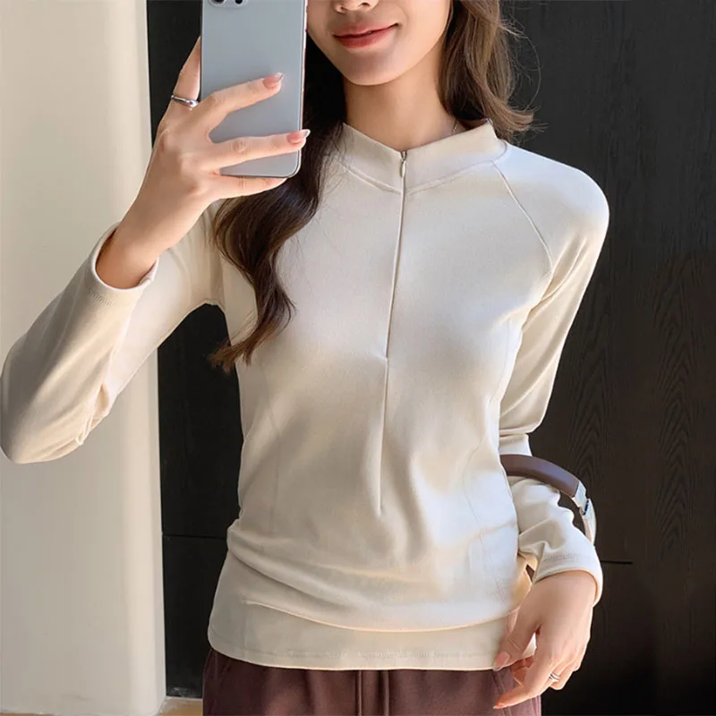 Elegant Stand-Up Collar Sweatshirts Female Autumn Winter Half Open Zipper Soft Base Layer Tops Warm Long Sleeve Casual Hoodie