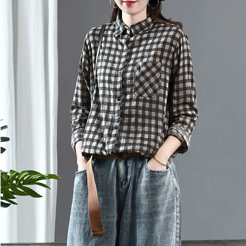 2025 Spring Cotton Linen Retro Plaid Shirt Patch Pocket Long Sleeve Lapel Breasted Casual Cardigan Top for Women