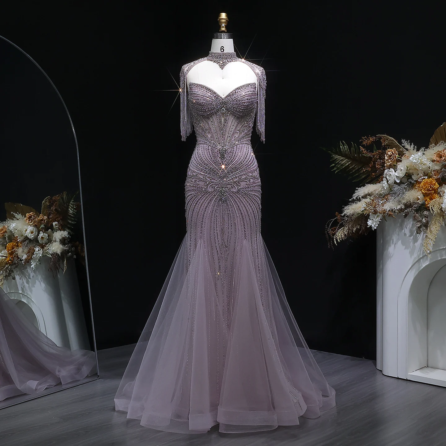 Sharon Said Elegantes Champagner-Meerjungfrauenkleid mit Cape-Ärmeln, Kristallperlen, Blaues Hochzeitskleid, SS021, Maßanfertigung – Detail 31