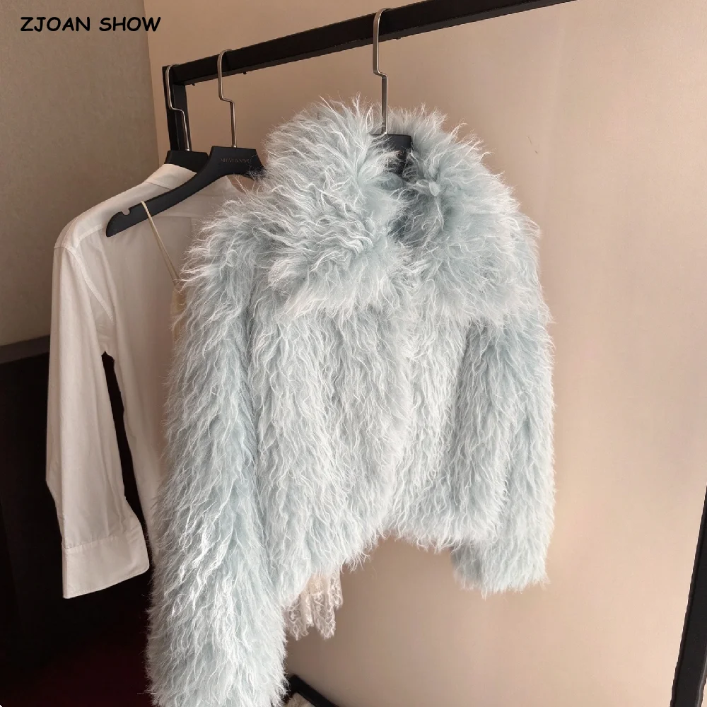 Winter Women Ice Light Blue Hairy Curly Faux Sheep Fur Coat Lapel Collar Loose Warm Shaggy Jacket Vintage Short Outerwear