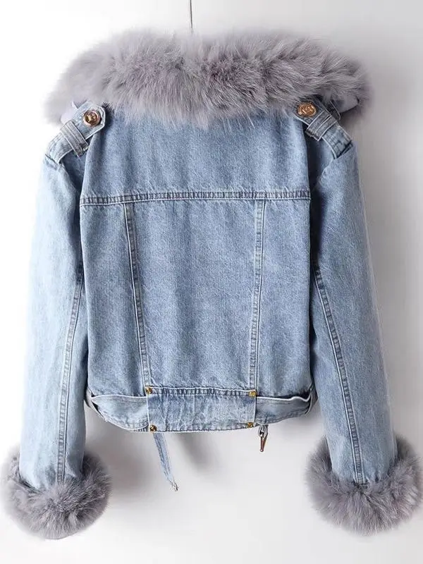 Autumn Winter Women's Short Parka Coat  Fur Rabbit Fur Lined Removable Casual High Waist Straight Cut Thickened Denim Jacket