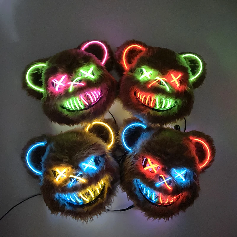 Pluche Zwart Bruin Beer Vermomming Masker Cosplay Bloederige Beer Masker Gloeiende Led Neon Licht Feest Masker Voor Halloween