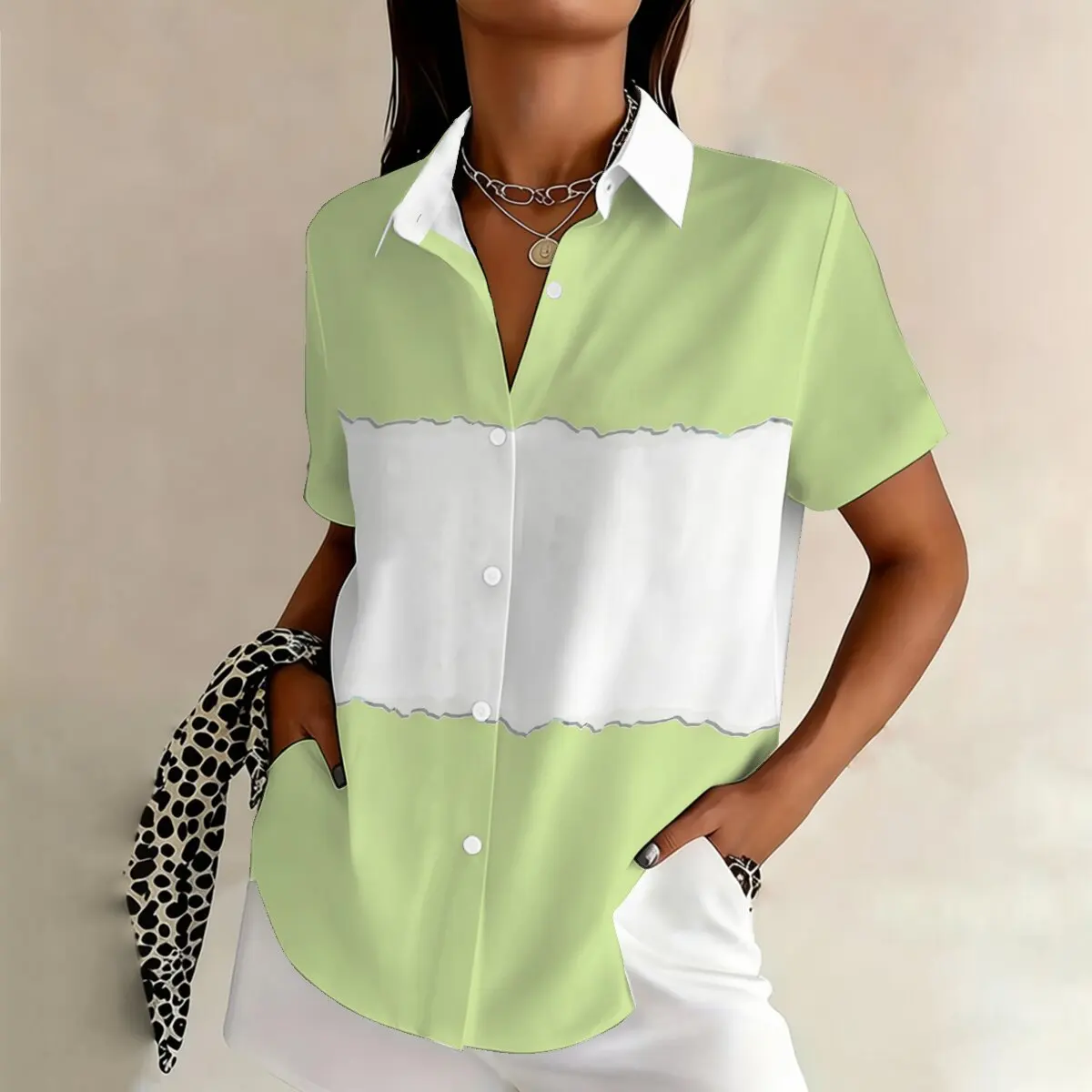 

Летняя женская рубашка больших размеров с коротким рукавом, серия с цветными вставками, нежная и комфортная, подходит для поездок на работу и прогулок.