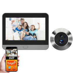 Tuya Smart 3MP 140°広視野角ミニデジタルのぞき穴アイビューア WiFi IR PIR 検出ドアベルドアカメラ Alexa Google