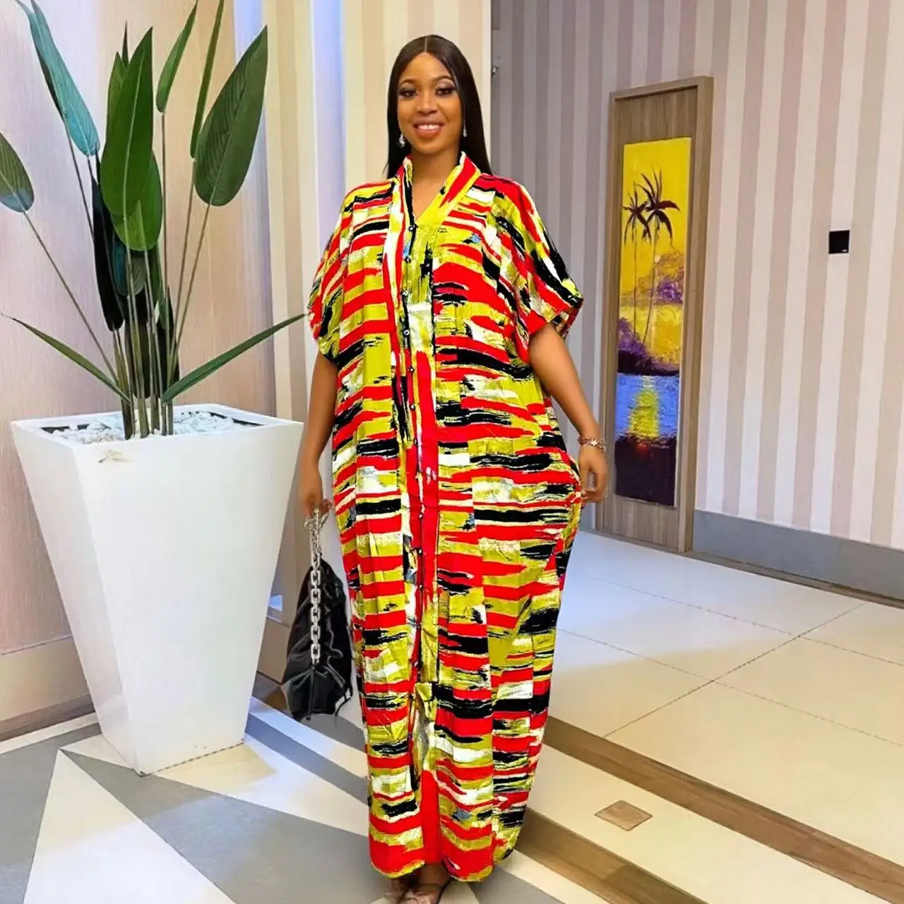 

2025 Summer New Casual Loose African Ethnic Style Polyester Robe Anti-Wrinkle Women's Printed Long Dress