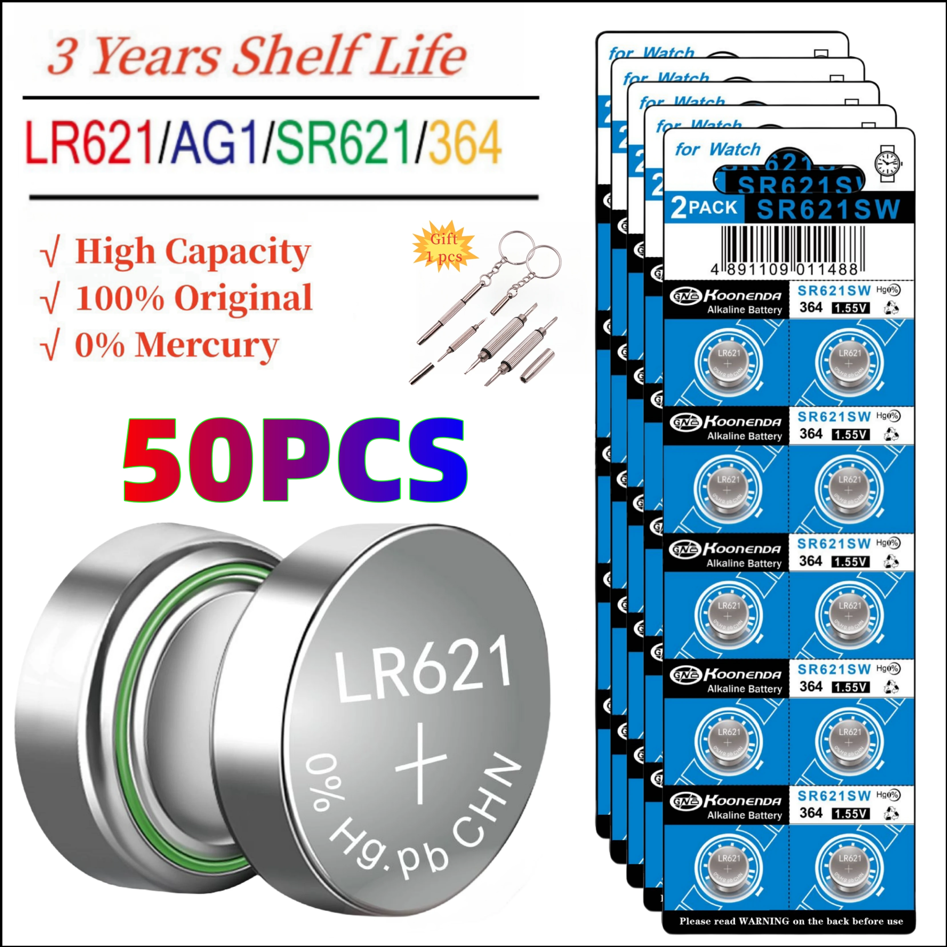 50PCS SR621SW 364 164 363 AG1 Battery 1.55V Button Cell Batteries For toys,Watches,Cameras, Calculators,Car Security Alarm