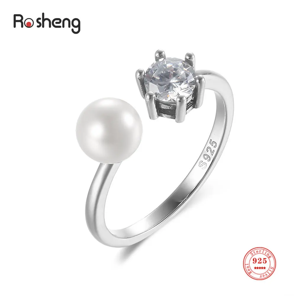 Women's 925 Sterling Silver Round Pearls AAA Zircon Open Finger Ring Fine Jewelry Dating Party Gifts