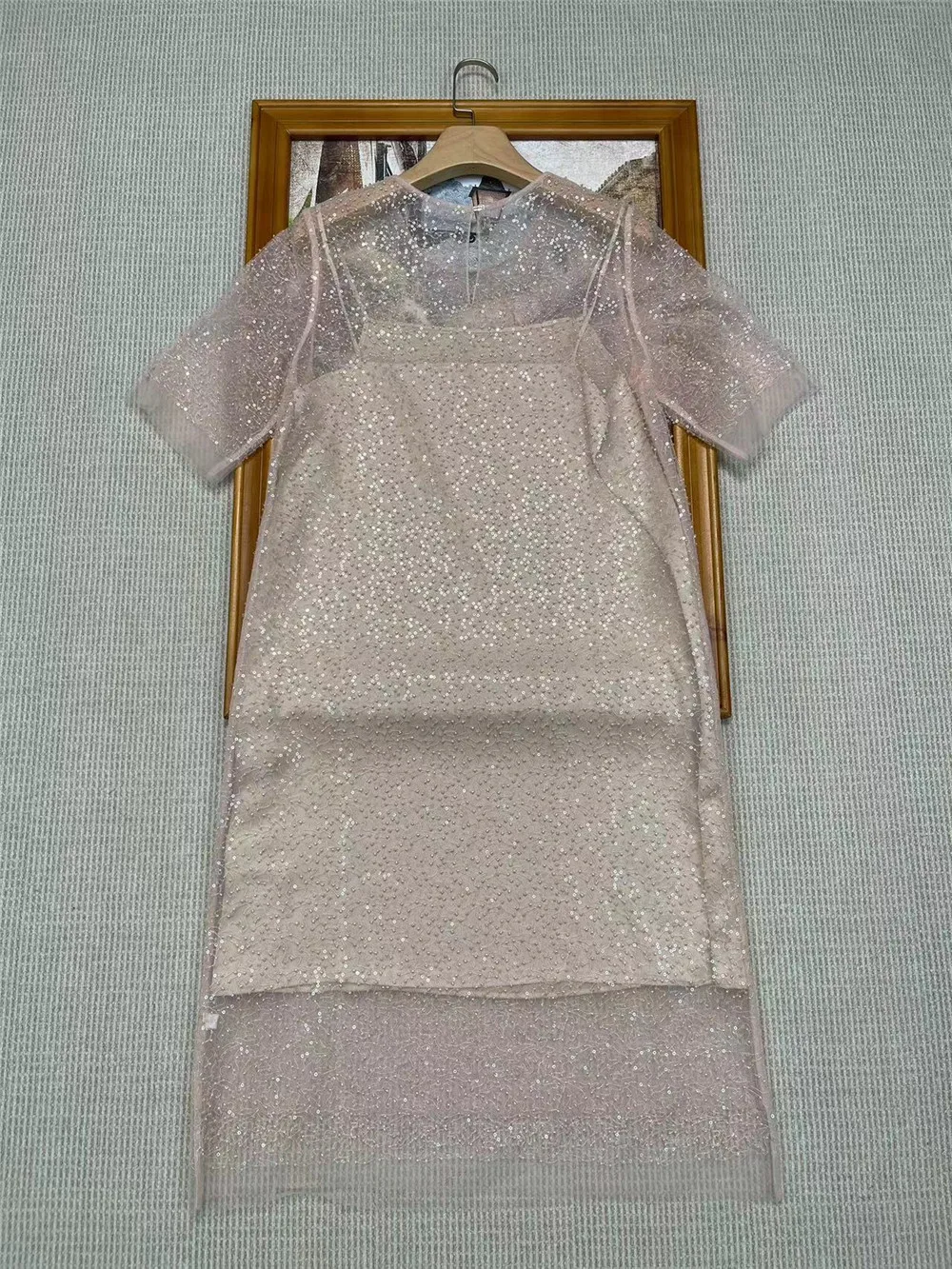 Vestido de lantejoulas frisado artesanal feminino, anti-sheer vestidos de 2 peças, manga curta, gola redonda, saia reta