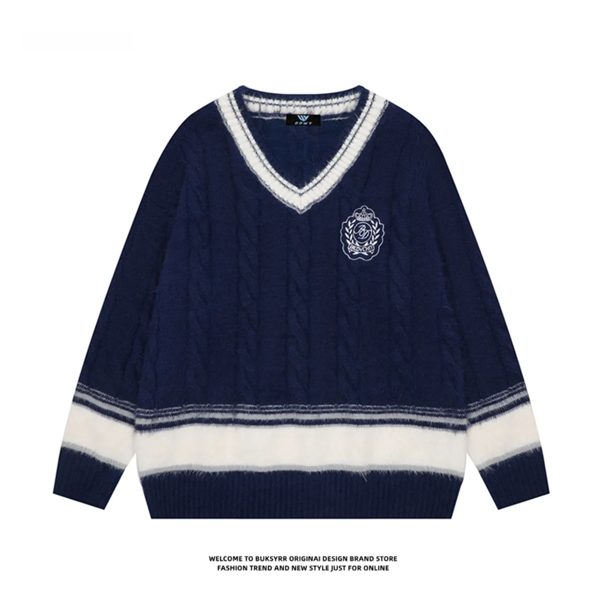 

Buksyrr American Retro College Sle Color Blo V-Ne Sweater Women Autumn Winter Lazy Sle Small ence BF Couple Knitwear