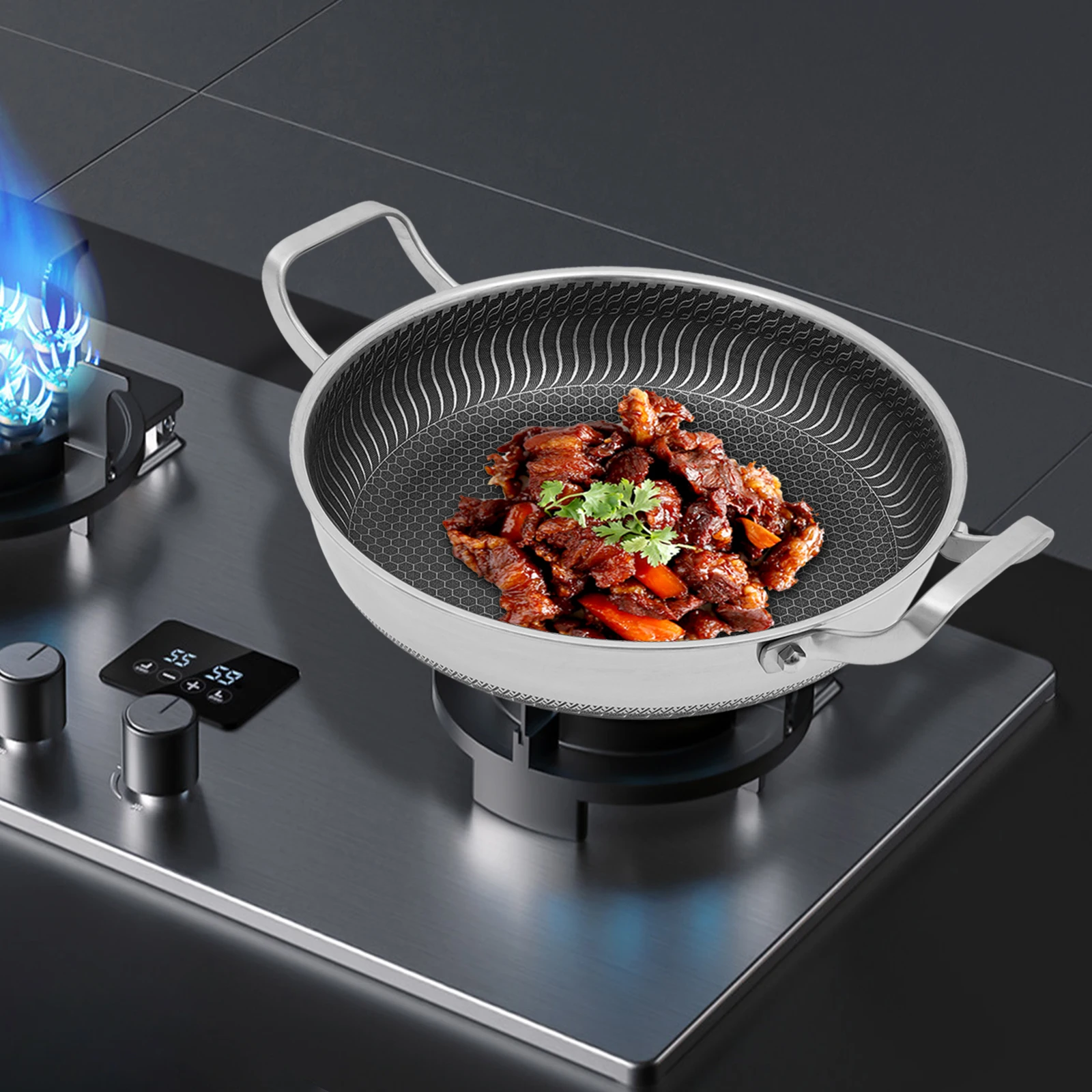 

316 Stainless Steel Frying Pan with Glass Lid, Honeycomb Non-Stick Triple Bottom Even Heating, for Gas/Induction/Electric Stoves