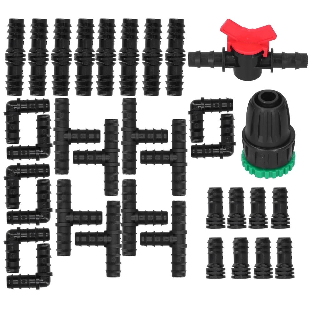 34PCS Easy Install Spray Connector black ABS Irrigation Adapter End Cap Plug Barbed Irrigation Tee Outdoor Irrigation Systems