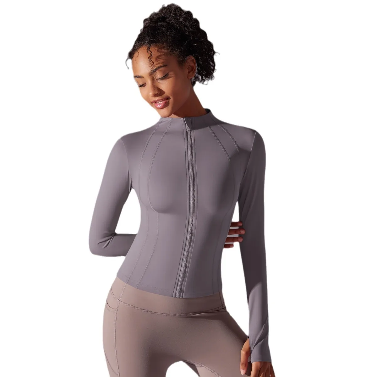 NewTight-fitting Stand-up Collar Zipper Long-sleeved Jacket Brushed Sports Running Fitness Long Yoga Clothing Tops for Women