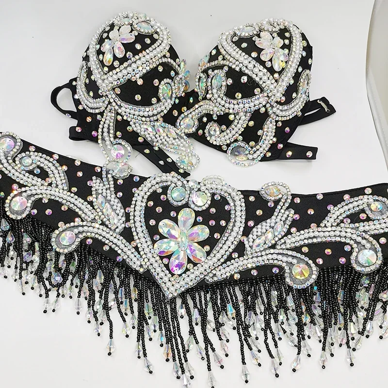 Picture 7: Women Handmade Beaded Crystal Belly Dance Costume Set Bra & Hip Belt Sexy Stage Performance Show Outfit