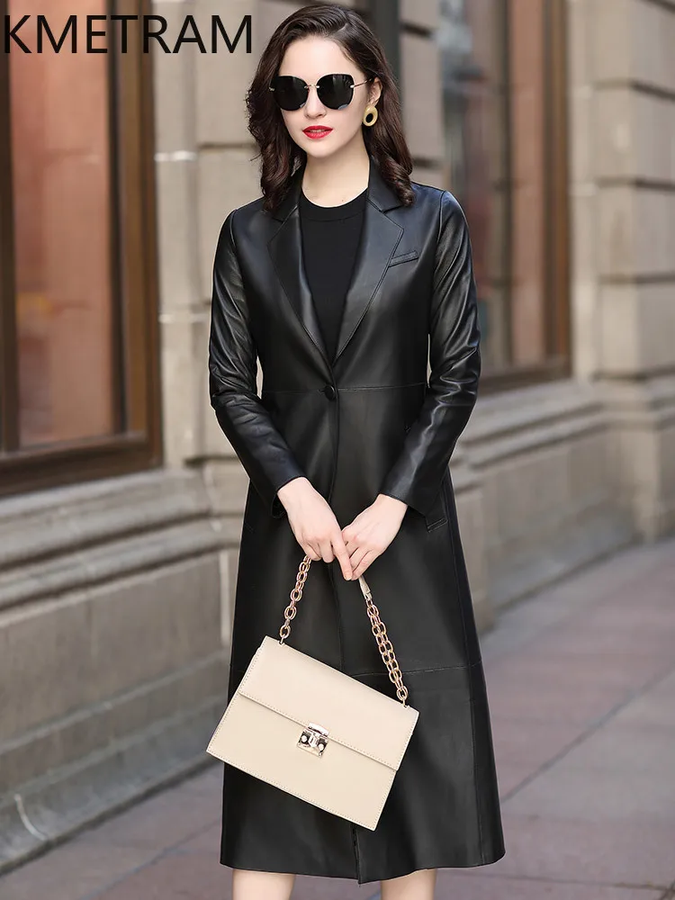 KMETRAM Natural Sheepskin Genuine Leather Jacket Black Slimming Coats for Woman 2025 Autumn Mid Length New Outerwears ropa mujer