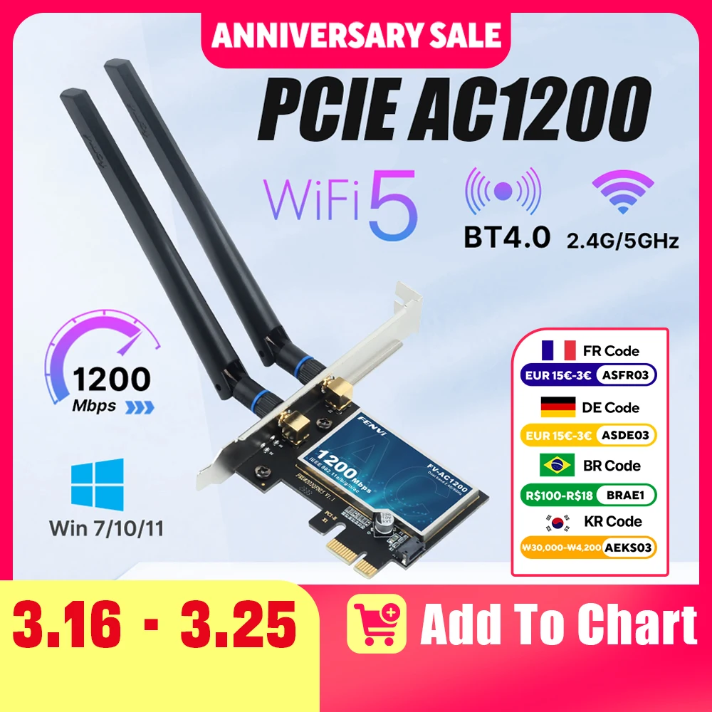 

Fenvi WiFi5 AC1200 PCIE WiFi Adapter BT4.0 1200Mbps WiFi Card Dual Band 802.11ac Networking Upgrade for Win 7/10/11 Desktop PC