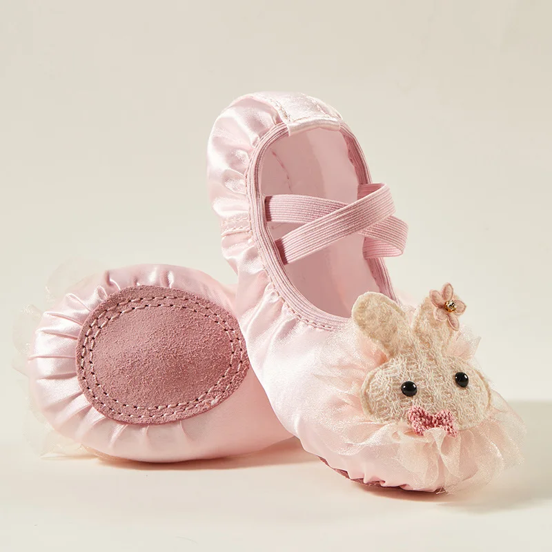 THEEPER Ballet Shoes, Pink Satin 3D Bunny Non-Slip Leather Sole Ballet Flats Breathable for Dance Daily Wear, Kids Flat Shoes