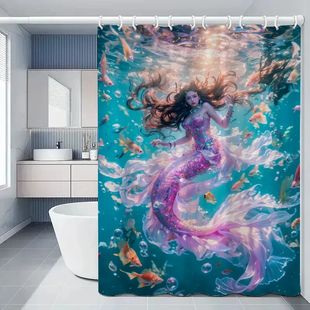 Sea Mermaid Shower Curtains for Bathroom Curtain Folding Partition Bath Accessories Bedrooms Waterproof Fabric Things the Set