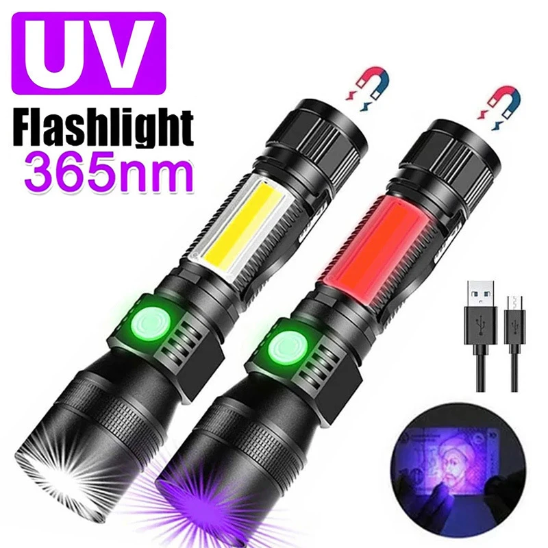 Portable UV LED Flashlight Multifunctional Zoomable Magnetic LED Torch 18650 Battery USB Rechargeable Emergency Inspect Lantern