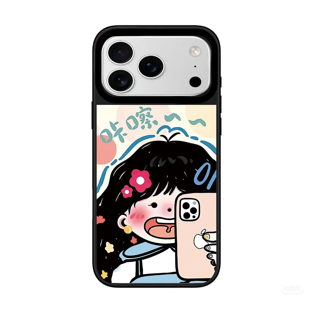 

Cute Funny Girl Mirror Surface Black Border Magnetic Phone Case for IPhone 17 16 15 14 13 12 Pro Max Cover