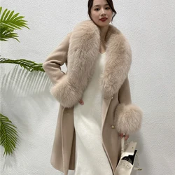 Long Cashmere Coat Women Winter Jacket with Real Large Fox Fur Collar Fashion Wool Blends Overcoat Ladies Streetwear Belt