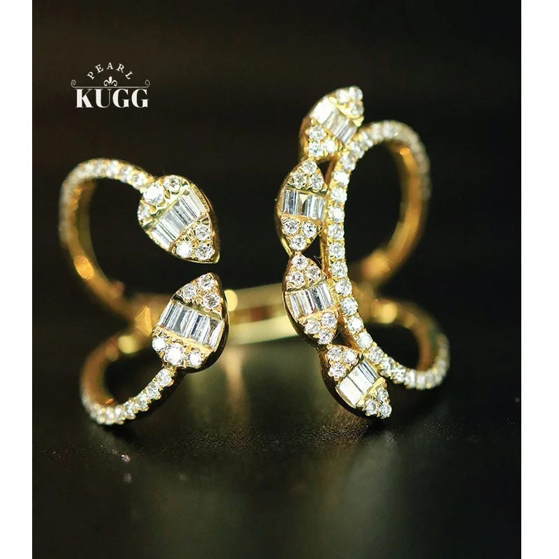 

KUGG 100% 18K White/Yellow Gold Rings Fashion INS Style Real Natural Diamond Cocktail Ring for Women High Party Jewelry