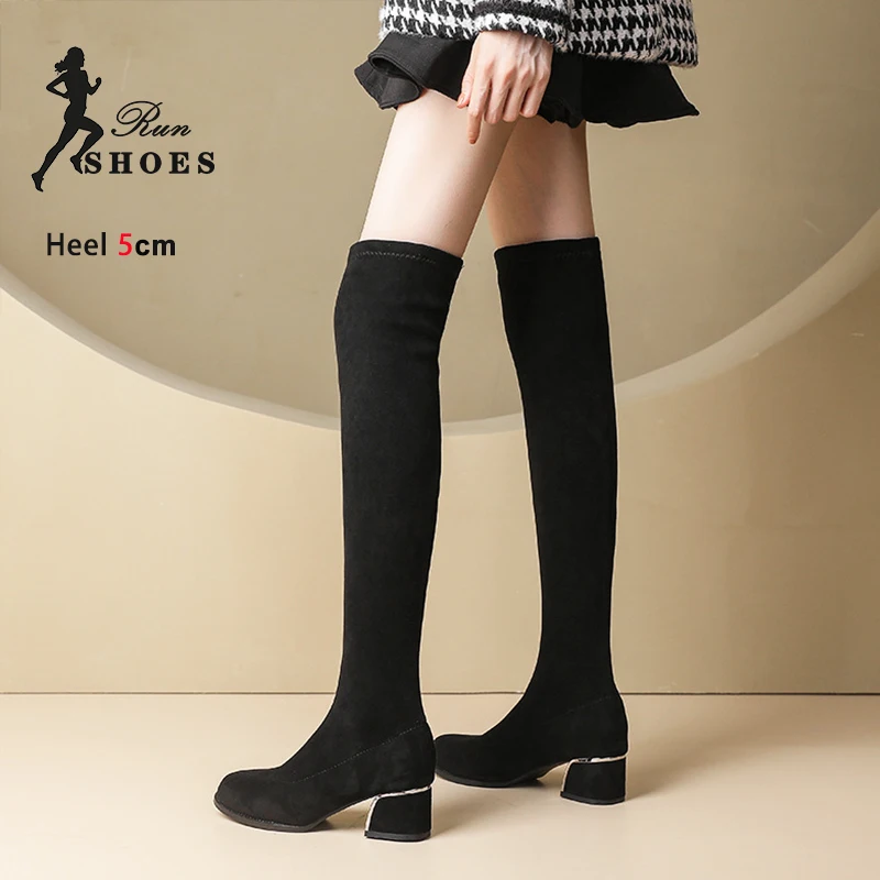 

Sexy Thigh High Boots For Women 3CM 5CM 7CM Add Plush Autumn Winter Shoes Suede Over-the-Knee Boots Female Elastic Long Shoes