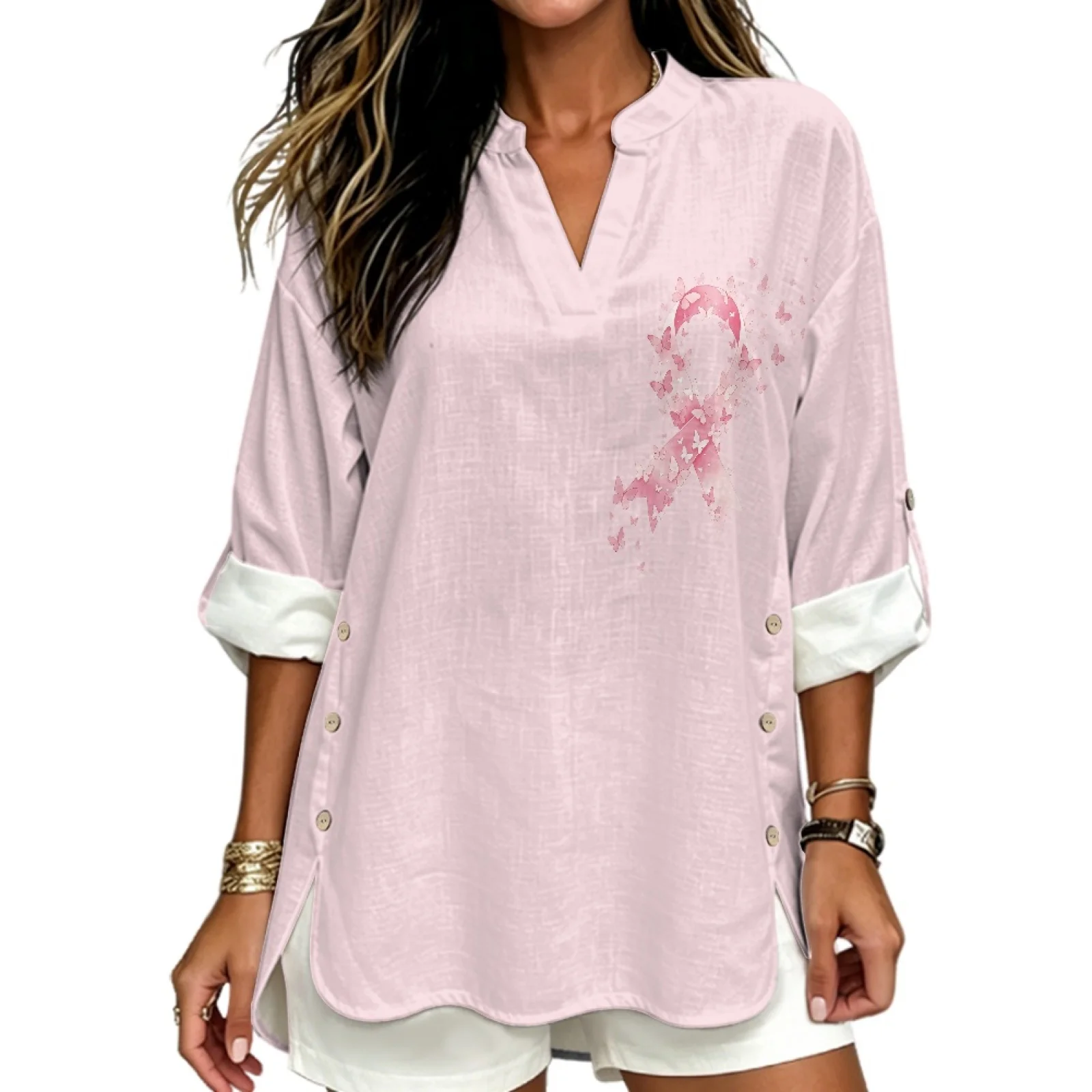 PENSTROLL Ribbon Butterflies Linen Like Causal Shirt Roll-Up Casual Long Sleeve V Neck Tops for All Occasions Sizes S-5XL