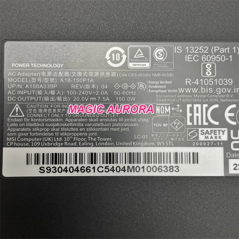 Genuine Chicony A18-150P1A Power Adapter 20V 7.5A 150W A150A039P For Msi GF76 GF66 Gaming Laptop Charger Power Supply 4.5x3.0mm
