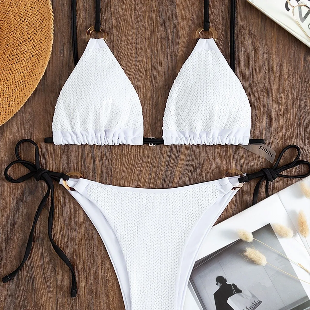 

Summer Beach Swimming Vacation Sexy Swimsuit Women's Neck Hanging Tie Split Swimsuit Sequin Patterned Bikini