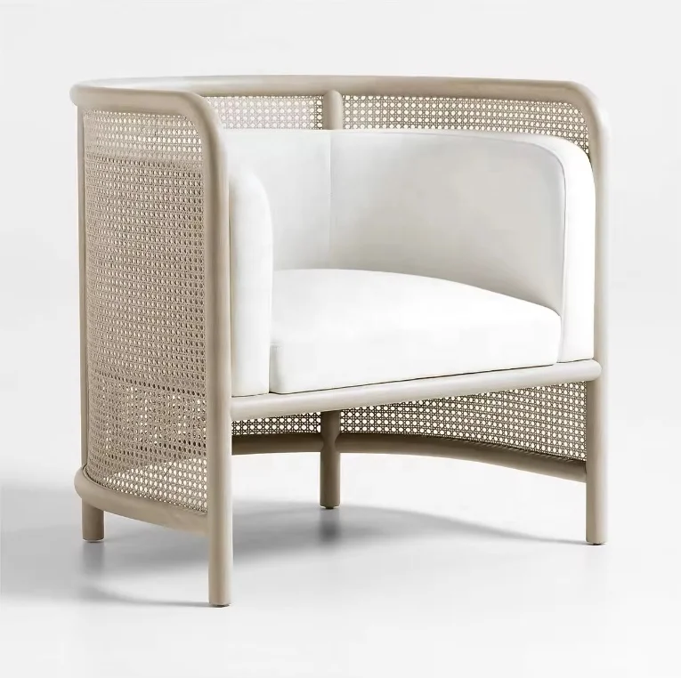 Classic Design Indoor Furniture Accenct Chair Rattan Wooden Frame Upholstered Back White Wash Accent Chair