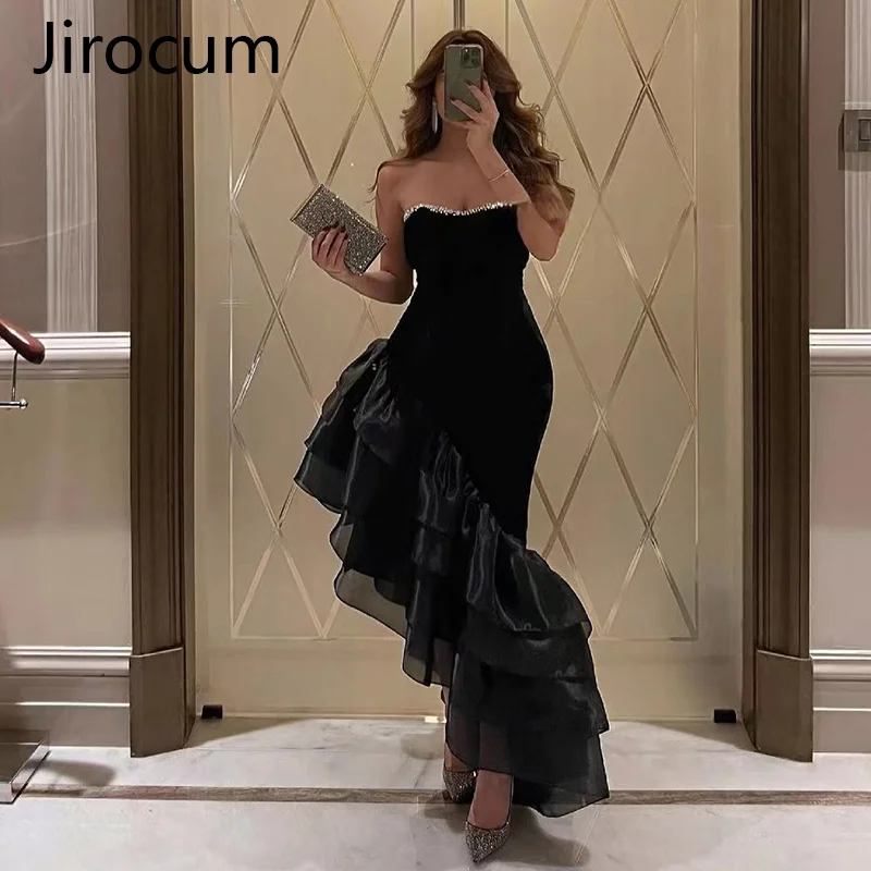 Jirocum-vestido de noche negro con forma de corazón, vestidos de fiesta de noche formales sin mangas de satén, vestidos de graduación brillantes con borde con volantes personalizados