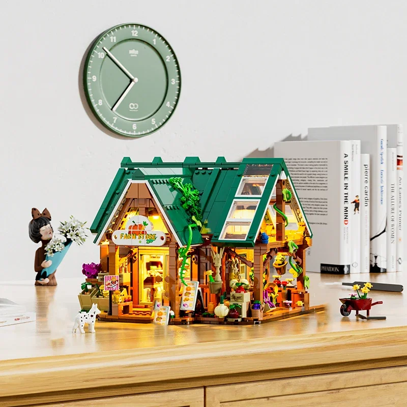 1523PCS Agricultural Product Store Building Blocks Light Street View House Model ​with 3 Figures Idea Puzzle Toys Christmas Gift