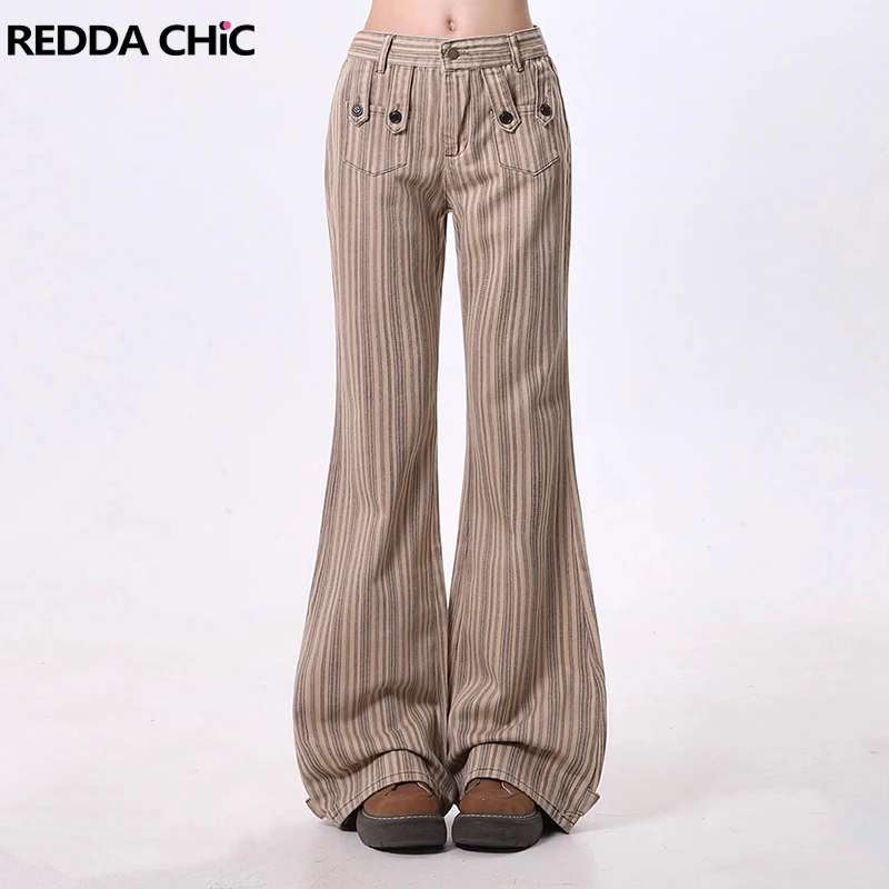 REDDACHiC Khaki Striped Bootcut Pants Women Bell Bottoms Vintage Y2k Low Rise Wide Leg Flare Jeans Trousers Korean Streetwear