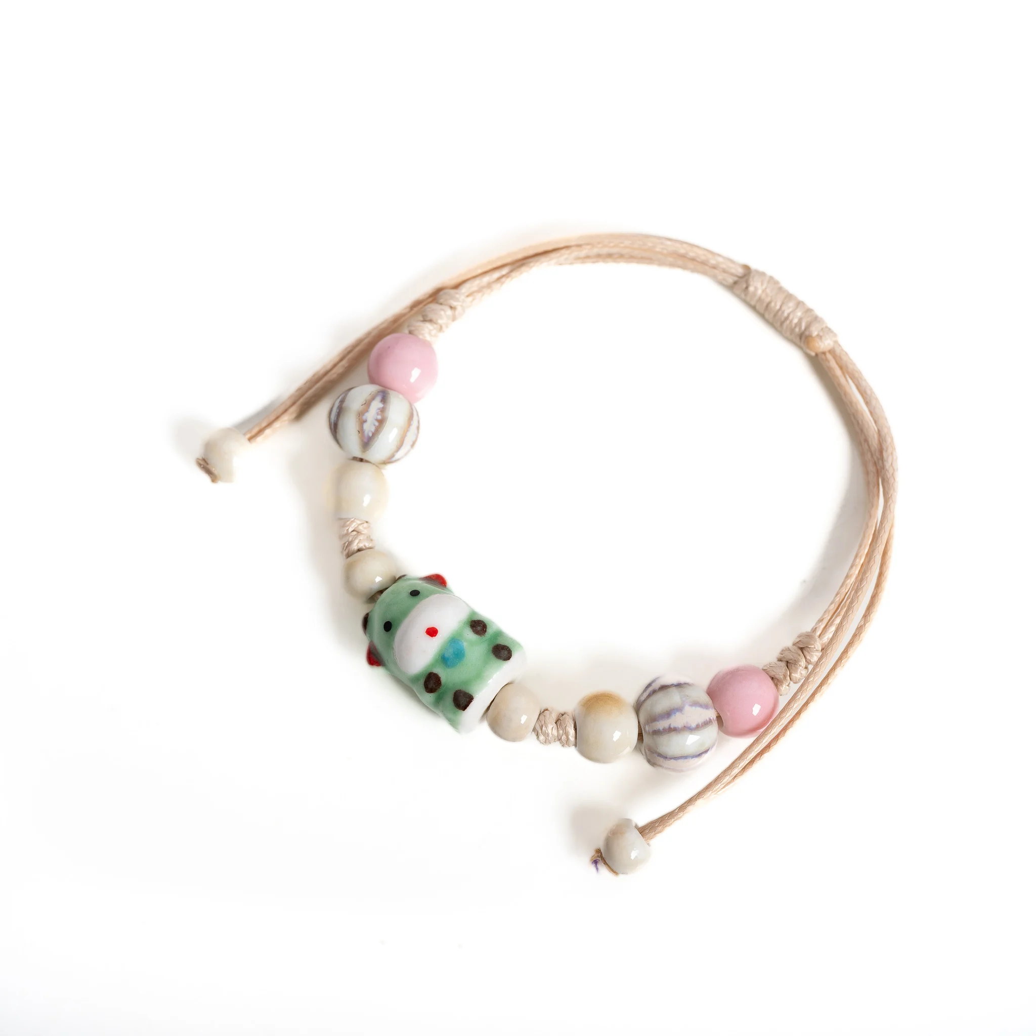 Cute Green Cow Ceramic Bracelet Handmade Wax Cord Adjustable Porcelain Animal Bead Bracelet Boho Vintage Jewelry Gift for Women view 4