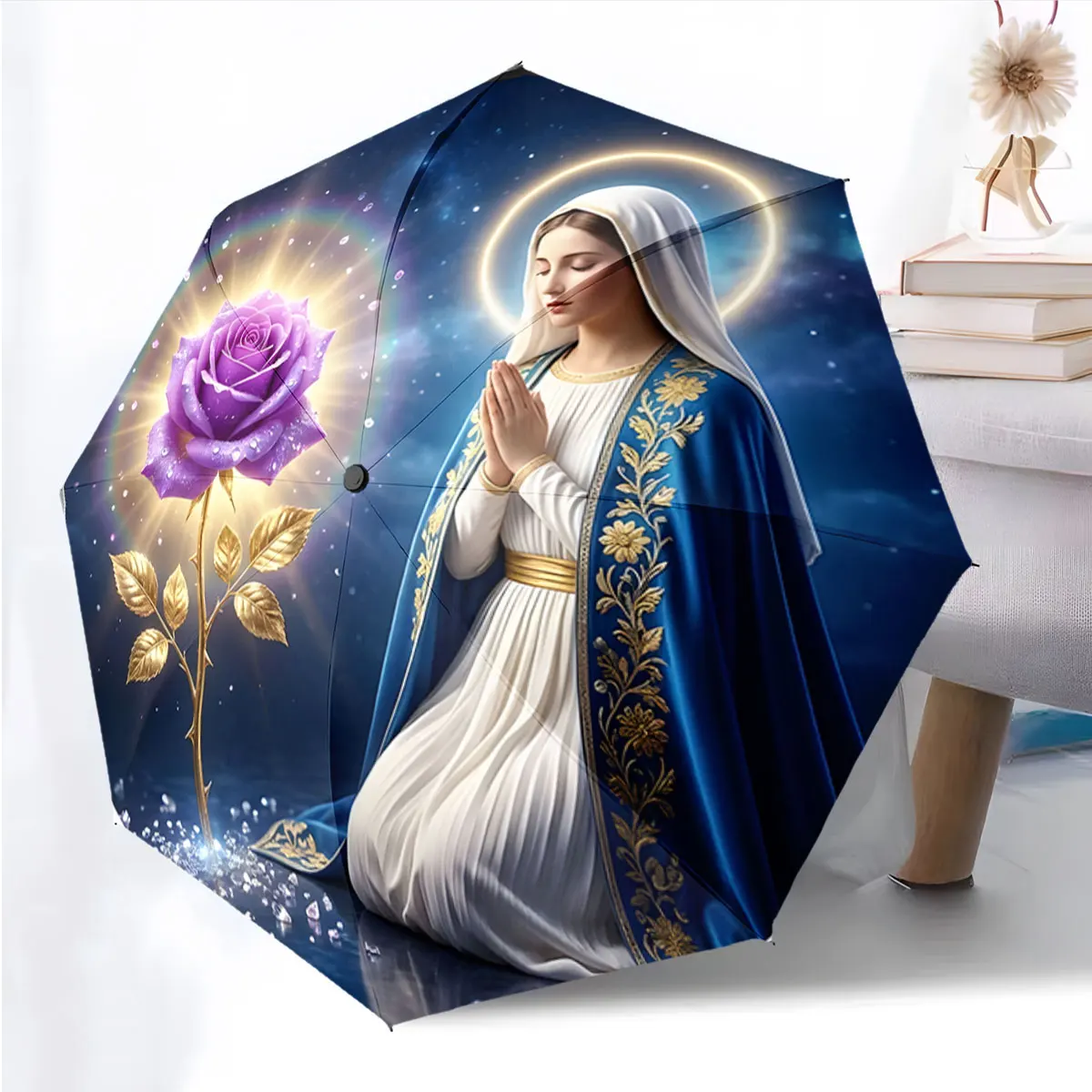 1PC Virgin Mary Religious Print Automatic Umbrella Purple Rose Portable Rain Sun Protection Folding Parasol Believer Gift