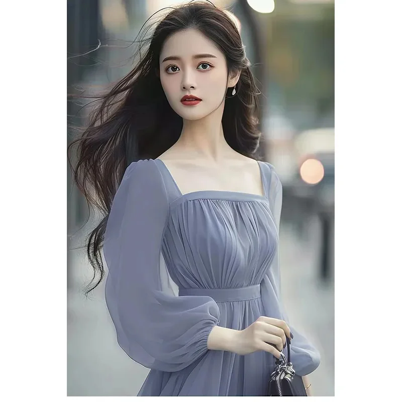 Korean Women Niche Design Vacation Style Blue Chiffon Dress 2024 New Fugitive Princess French WaistCinched Fairy Long Dress