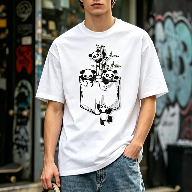 Cute Hand Drawn Sketch Style Pocket Baby Panda Bamboo Graphic Crew Neck T Shirt Unisex Men Women Cotton Short Sleeve Streewear