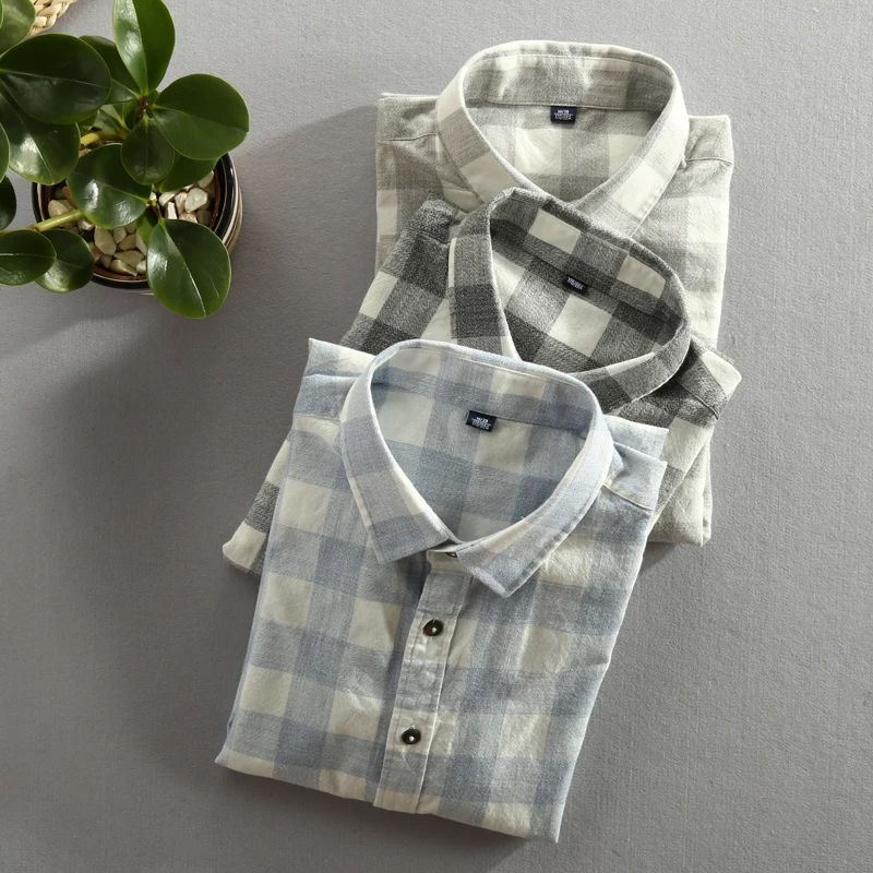 2019 Spring And Autumn Vintage China Style Classic Plaid Cotton Long Sleeve Blue Shirt Male Casual Slim Fit Shirt Import Clothes