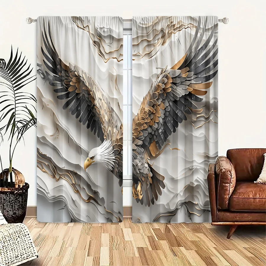 2PCS Digital Print Curtain, 3D Relief Bald Eagle Wings Pattern, Majestic Wildlife Style for Living Room Bedroom Home Decor