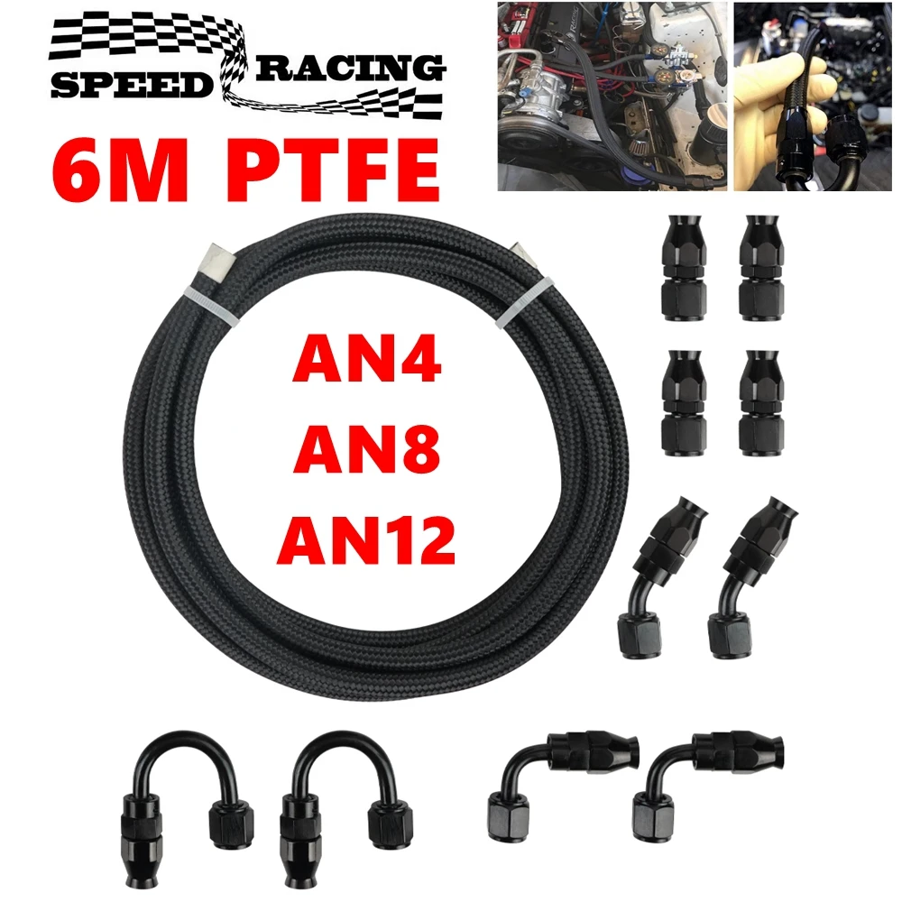 

6M AN4 AN8 AN12 PTFE Nylon Braided Fuel Line Hose with 0+45+90+180 Degree Swivel Fuel Hose End Fitting Adapters Kit