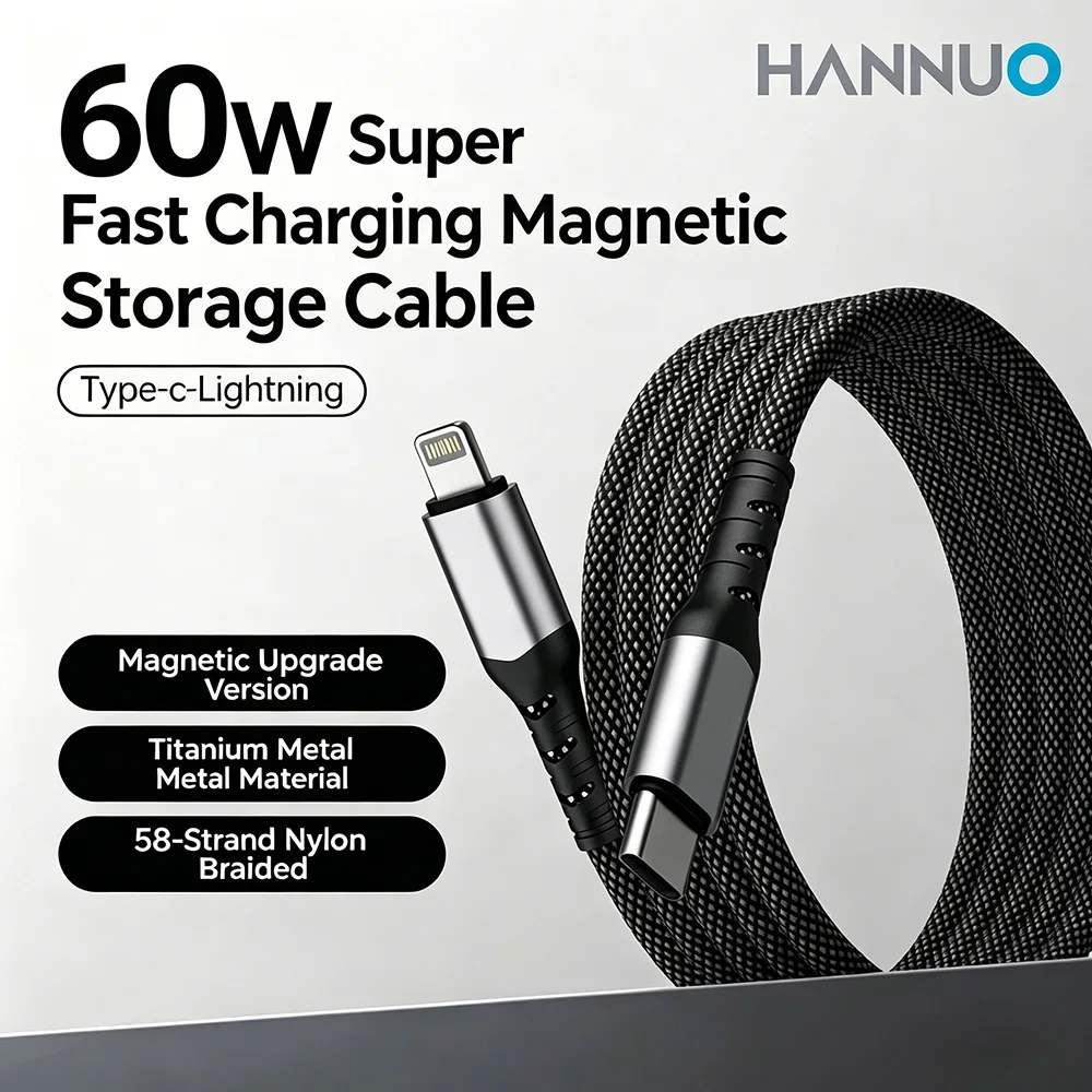 

HANNUO PD 60W Magnetic Suction Anti Winding Type C to Lightning Cable Fast Charge Cord Wire For iPhone 11 12 13 14 USB C Data