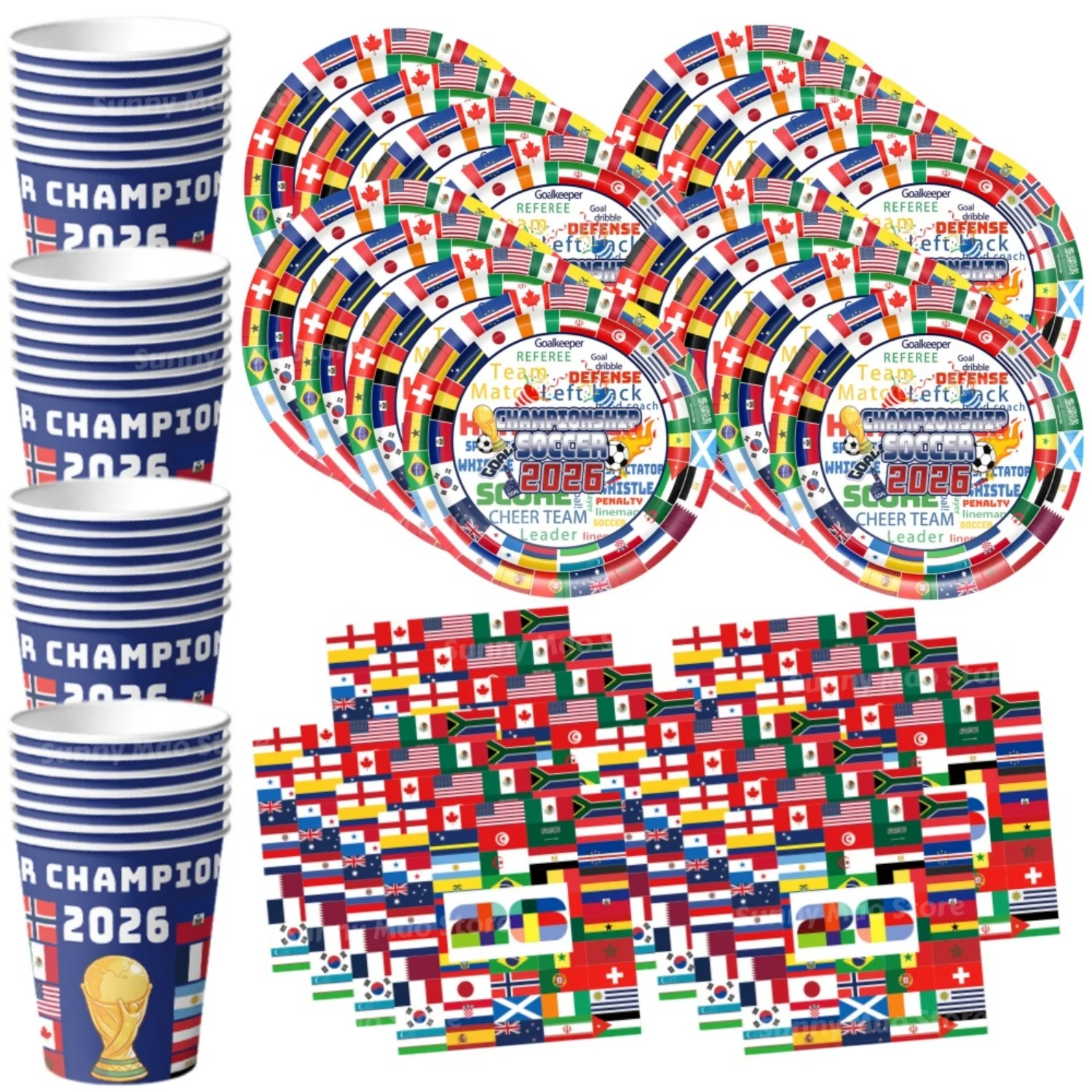 Ensemble de vaisselle jetable à thème drapeaux internationaux pour le football 2026, idéal pour les fournitures de fête d'anniversaire de football pour garçons, cadeau sportif