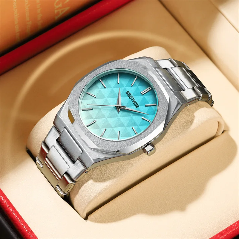 Gradient Personality Fashion mens watch reloj hombre BESTWIN Sky Blue Dial watches for men Creative Business Men\'s Watches