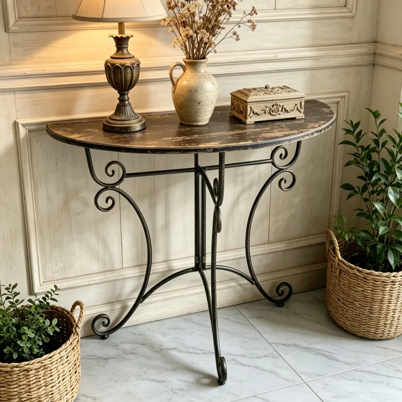 HYS American semi-round entrance table antique wrought iron shelf French retro style balcony curved old flower stand entrance