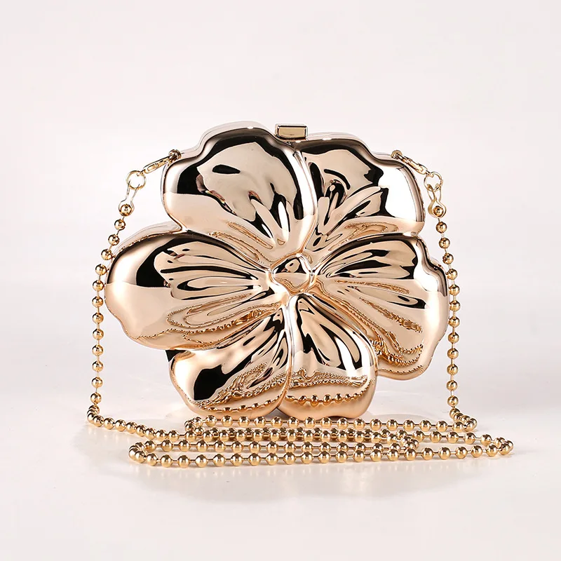 Metallic clutch bag flower shape metal mini women evening party cute shiny purse gold silver 2024 spring new