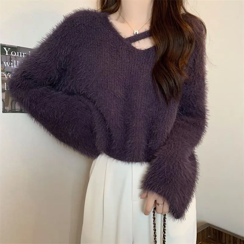 Yasuk Autumn Winter Casual Pullover Women\'s Girl Solid Knitted Long Sleeve Pullover Sweater Imitation Mink Bandage Sexy