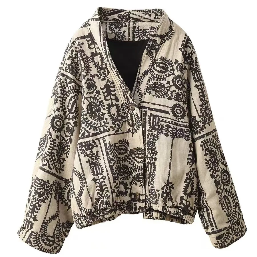 Thiened Cotton Jaet レディース 冬 暖かい レトロ プリント サンドイッチ コットン アウター カジュアル 通勤 ルーズフィット ロング Sve