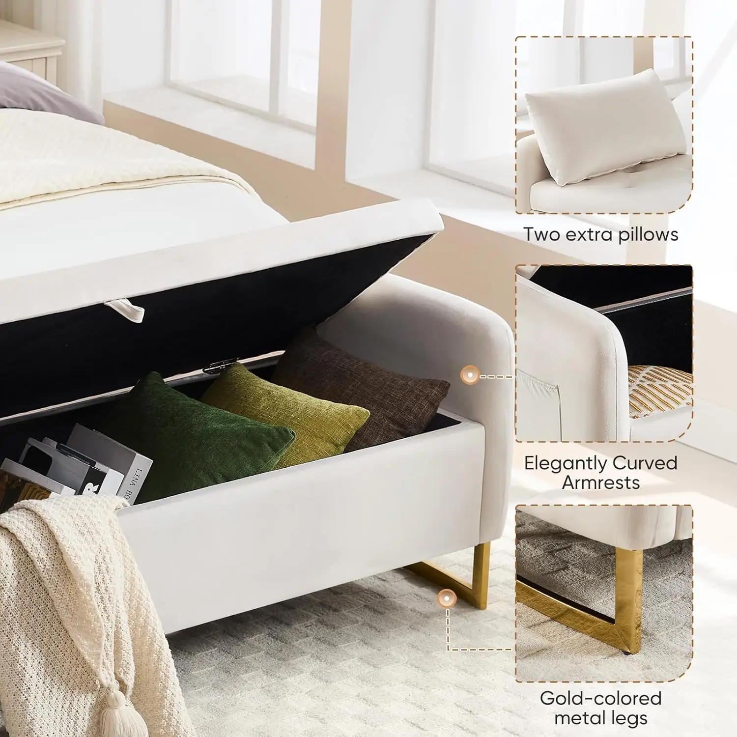 '65' King Size End of Bed Storage Bench, Tufted Button Upholstered Ottoman, Gold Legs, Beige'