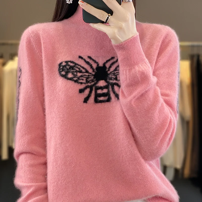 

100% Merino Wool Autumn Winter Women Solid Color Half-turtleneck Patterned Sweater Cashmere Pullover Long Sleeves Clothing Top