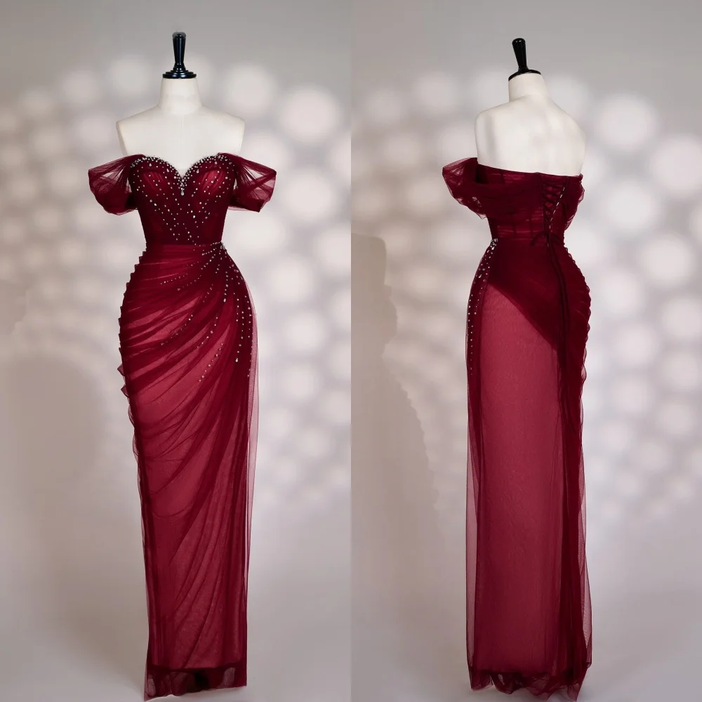 

Customized Intricate Tulle Pleat Draped Rhinestone Straight Off-the-shoulder Long Dresses Bespoke Occasion Dresses High Quality
